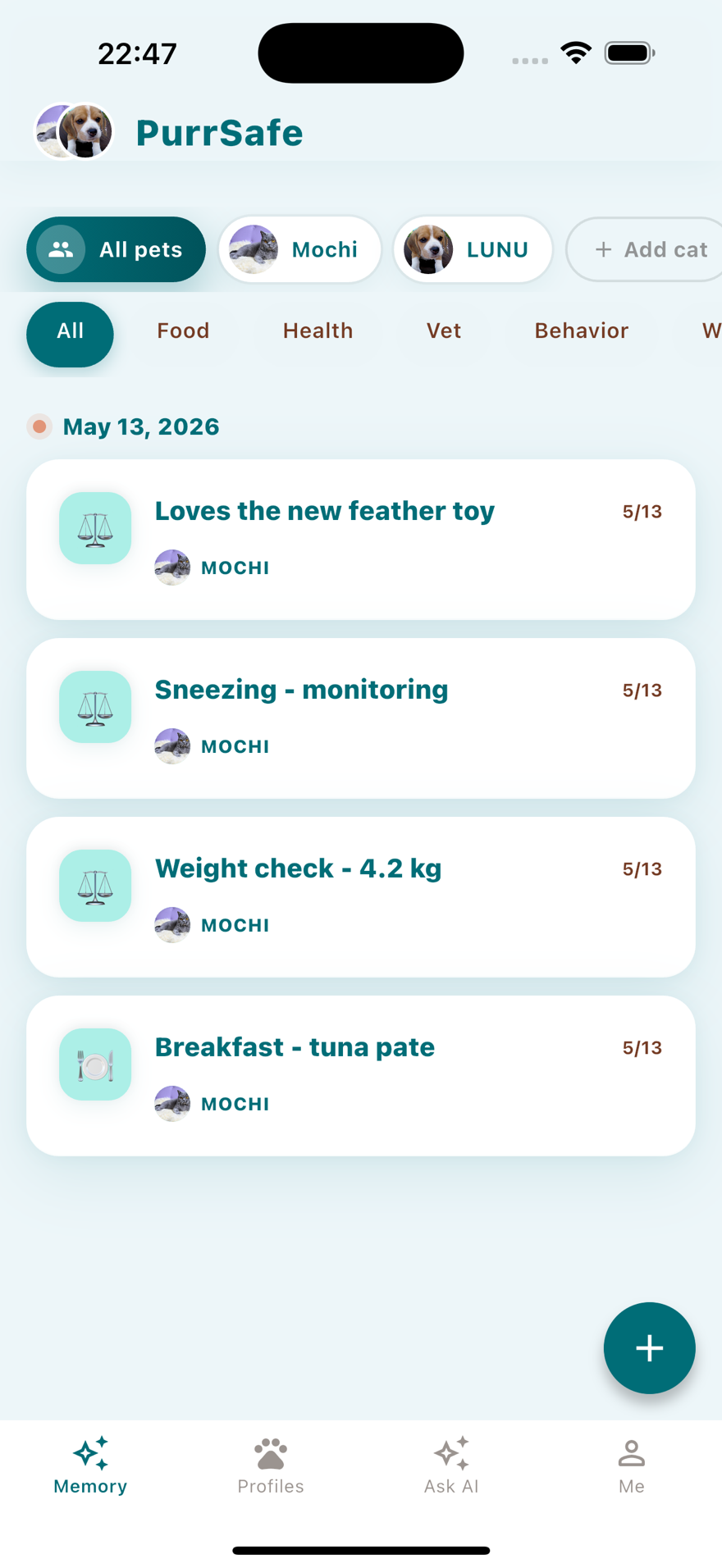 PurrSafe memory feed on iPhone, showing four dated entries for the cat Mochi: a play note, a sneezing note being monitored, a 4.2 kg weight check, and a tuna pâté breakfast.